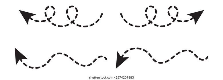 Set of hand drawn thin dash line arrows. Collection of curved pointers. Black dot vector pointers pointing in different directions. Simple design elements of signpost showing confusing complex path.