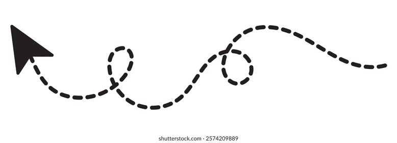 Set of hand drawn thin dash line arrows. Collection of curved pointers. Black dot vector pointers pointing in different directions. Simple design elements of signpost showing confusing complex path.