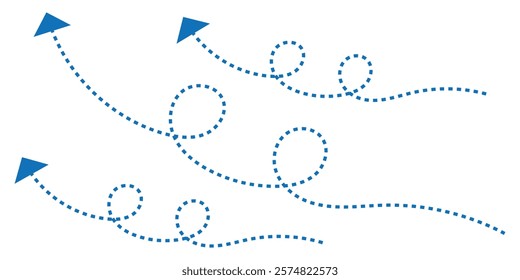 Set of hand drawn thin dash line arrows. Collection of curved pointers. Black dot vector pointers pointing in different directions. Simple design elements of signpost . eps 10.