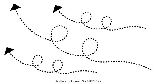 Set of hand drawn thin dash line arrows. Collection of curved pointers. Black dot vector pointers pointing in different directions. Simple design elements of signpost . eps 10.