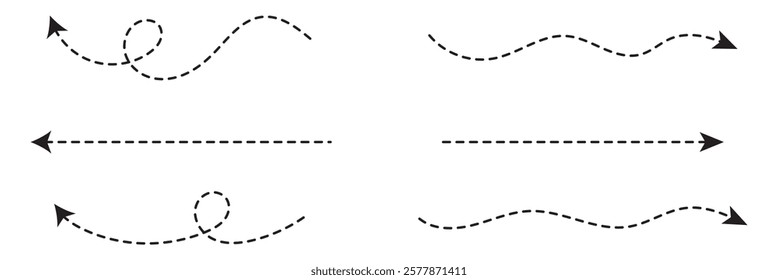 Set of hand drawn thin dash line arrows. Collection of curved pointers. Black dot vector pointers pointing in different directions. Simple design elements of signpost showing confusing complex path.