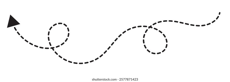 Set of hand drawn thin dash line arrows. Collection of curved pointers. Black dot vector pointers pointing in different directions. Simple design elements of signpost showing confusing complex path.