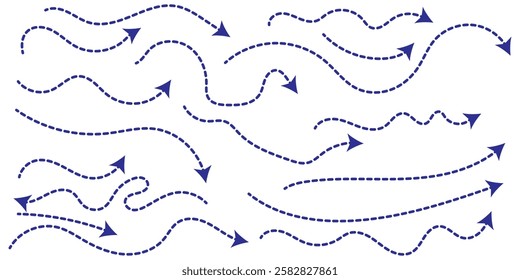 Set of hand drawn thin dash line arrows. Collection of curved pointers. Blue dot vector pointers pointing in different directions. Curved dotted arrow. Zigzag arrow stripes design with dotted lines.