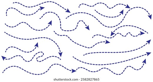 Set of hand drawn thin dash line arrows. Collection of curved pointers. Blue dot vector pointers pointing in different directions. Curved dotted arrow. Zigzag arrow stripes design with dotted lines.