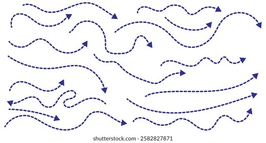 Set of hand drawn thin dash line arrows. Collection of curved pointers. Blue dot vector pointers pointing in different directions. Curved dotted arrow. Zigzag arrow stripes design with dotted lines.