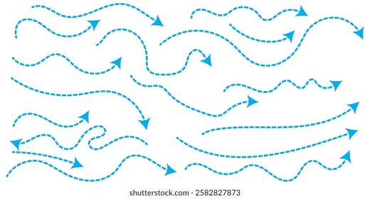 Set of hand drawn thin dash line arrows. Collection of curved pointers. Blue dot vector pointers pointing in different directions. Curved dotted arrow. Zigzag arrow stripes design with dotted lines.