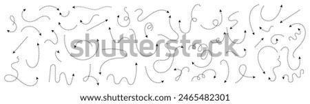 Set of hand drawn thin dash line arrows. Collection of curved pointers. Black dot vector pointers pointing in different directions. Simple design elements of signpost showing confusing complex path.