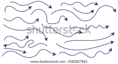 Set of hand drawn thin dash line arrows. Collection of curved pointers. Blue dot vector pointers pointing in different directions. Curved dotted arrow. Zigzag arrow stripes design with dotted lines.