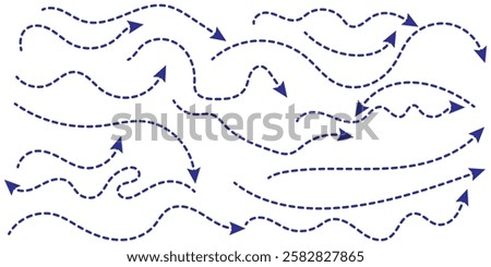 Set of hand drawn thin dash line arrows. Collection of curved pointers. Blue dot vector pointers pointing in different directions. Curved dotted arrow. Zigzag arrow stripes design with dotted lines.