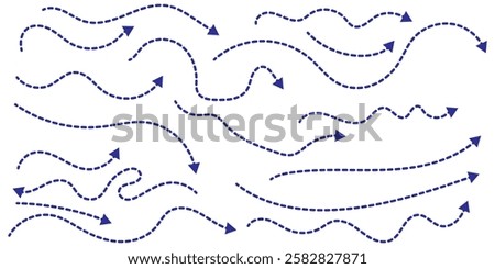 Set of hand drawn thin dash line arrows. Collection of curved pointers. Blue dot vector pointers pointing in different directions. Curved dotted arrow. Zigzag arrow stripes design with dotted lines.