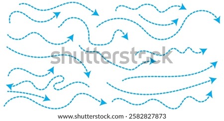 Set of hand drawn thin dash line arrows. Collection of curved pointers. Blue dot vector pointers pointing in different directions. Curved dotted arrow. Zigzag arrow stripes design with dotted lines.