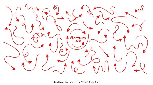 Set of hand drawn thin line arrows. Collection of curved pointers. Red pointers pointing in different directions. Simple design elements of a signpost showing a confusing complex path.