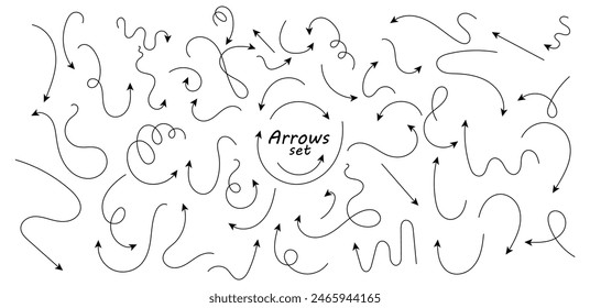 Set of hand drawn thin line arrows. Collection of curved pointers. Black vector pointers pointing in different directions. Simple design elements of a signpost showing a confusing complex path.