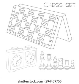 Set of hand drawn thin line icons of chessboard, game clock and chess pieces: pawn, knight, rook, bishop, king, queen, chess elements on white isolated background. Vector illustration.