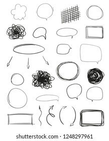 Set of hand drawn think and talk speech bubbles. Abstract symbols on white. Pattern of loot for words. Line art. Collection of different signs. Black and white illustration