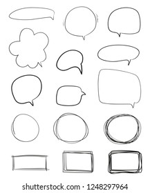 Set of hand drawn think and talk speech bubbles. Abstract symbols on white. Pattern of loot for words. Line art. Collection of different signs. Black and white illustration