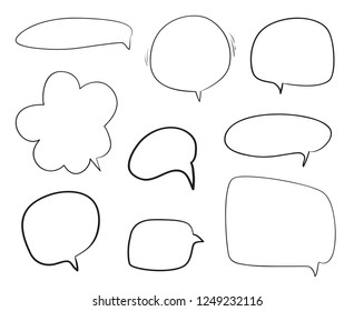 Set of hand drawn think and talk speech bubbles. Abstract symbols on white. Pattern of loot for words. Line art. Collection of different signs. Black and white illustration