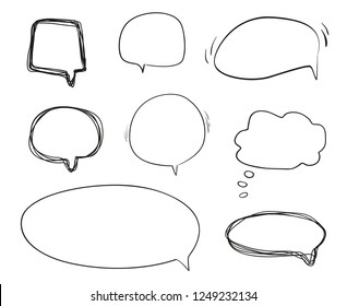 Set of hand drawn think and talk speech bubbles. Abstract symbols on white. Pattern of loot for words. Line art. Collection of different signs. Black and white illustration