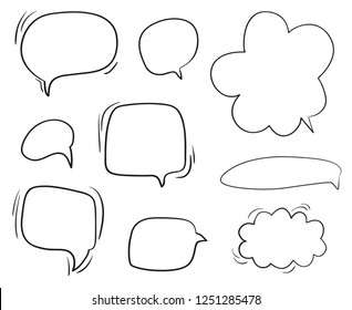 Set of hand drawn think and talk speech bubbles. Abstract symbols on white. Pattern of loot for words. Line art. Collection of different signs. Black and white illustration