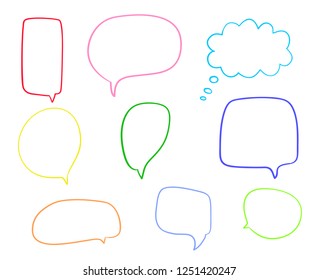 Set of hand drawn think and talk speech bubbles. Abstract symbols on white. Pattern of loot for words. Line art. Colored illustration