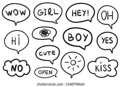 Set of hand drawn think and talk speech bubbles. Abstract symbols on white. Line art. Collection of different signs. Black and white illustration