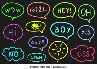 Set of hand drawn think and talk speech bubbles on black. Line art. Collection of different shapes. Colorful illustration