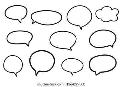 Set of hand drawn think and talk speech bubbles. Abstract symbols on white. Pattern of loot for words. Line art. Collection of different signs. Black and white illustration