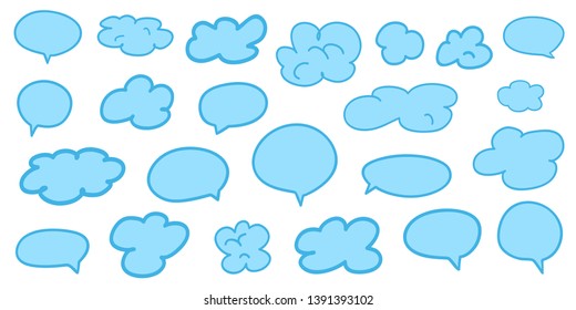 Set of hand drawn think and talk speech bubbles on white. Abstract clouds on isolation background. Sketchy doodles