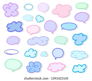Set of hand drawn think and talk speech bubbles on white. Abstract clouds on isolation background. Sketchy doodles