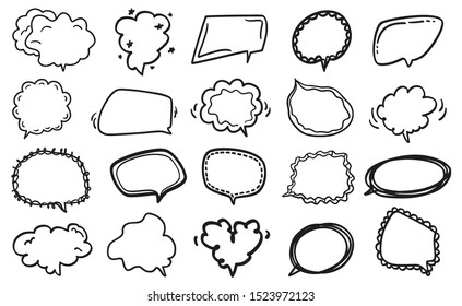 Set of hand drawn think and talk speech bubbles on white. Black and white illustration