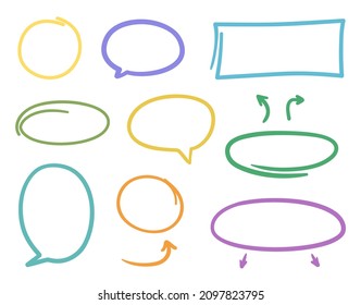 Set of hand drawn think and talk speech bubbles. Abstract geometric shapes on white. Freehand art. Colored illustration