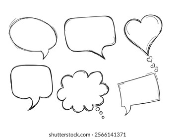 Set of hand drawn think and talk speech bubbles with message, greetings and dialog. Doodle style. Isolated