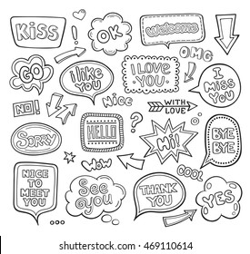 Set of hand drawn think and talk speech balloons with phrases, words and message. 
Speech talking cloud. Collection of simple vector sketches.