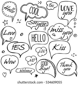 Set of hand drawn think and talk speech bubbles with love message, greetings and dialog words. Doodle style comic balloon, cloud, heart shape design elements. Isolated vector.
