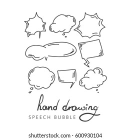 Set of hand drawn think and talk speech bubbles for message and dialog words. Doodle style comic balloon, cloud, heart shape design elements. Isolated vector.