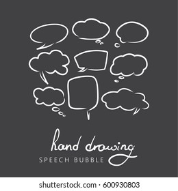 Set of hand drawn think and talk speech bubbles for message and dialog words. Doodle style comic balloon, cloud, heart shape design elements. Isolated vector.