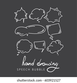 Set of hand drawn think and talk speech bubbles for message and dialog words. Doodle style comic balloon, cloud, heart shape design elements. Isolated vector.