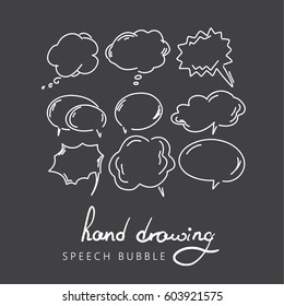 Set of hand drawn think and talk speech bubbles for message and dialog words. Doodle style comic balloon, cloud, heart shape design elements. Isolated vector.