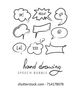 Set of hand drawn think and talk speech bubbles for message and dialog words. Doodle style comic balloon, cloud, heart shape design elements. Isolated vector.