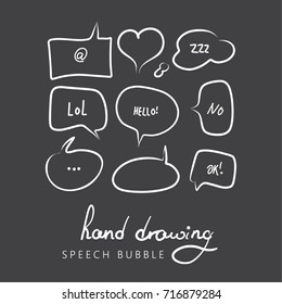 Set of hand drawn think and talk speech bubbles for message and dialog words. Doodle style comic balloon, cloud, heart shape design elements. Isolated vector.