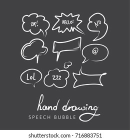 Set of hand drawn think and talk speech bubbles for message and dialog words. Doodle style comic balloon, cloud, heart shape design elements. Isolated vector.