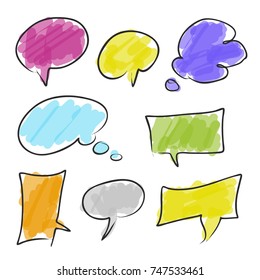 Set of hand drawn think and talk speech bubbles for message and dialog words. Doodle style comic balloon, cloud, heart shape design elements. Isolated vector.