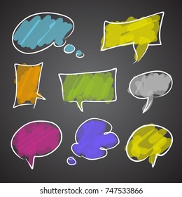 Set of hand drawn think and talk speech bubbles for message and dialog words. Doodle style comic balloon, cloud, heart shape design elements. Isolated vector.