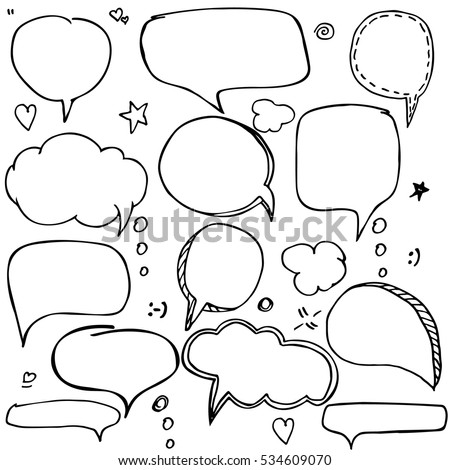 Set of hand drawn think and talk speech bubbles for message and dialog words. Doodle style comic balloon, cloud, heart shape design elements. Isolated vector.