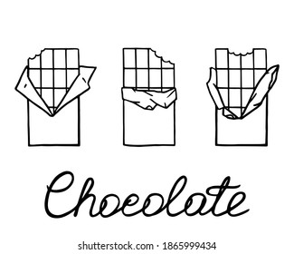 Set of hand drawn three bitten chocolate bars in a wrapper with an inscription. Black outlines isolated on white background. Vector illustration for posters, decor, menus, postcards