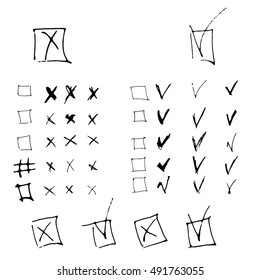 Set of hand drawn tick, check box and mark for answer, approved form. Sketch style.