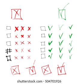 Set of hand drawn tick, check box and mark for answer, approved form. Sketch style.