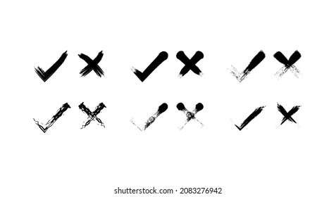 set of hand drawn tick and cross marks. isolated on white background. Vector x marks and tick icon set