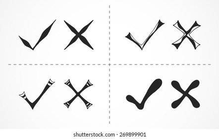 Set of hand drawn tick and cross marks. Vector illustration.