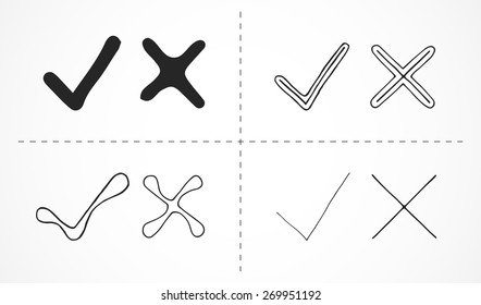 Set Of Hand Drawn Tick And Cross Marks. Vector Illustration.